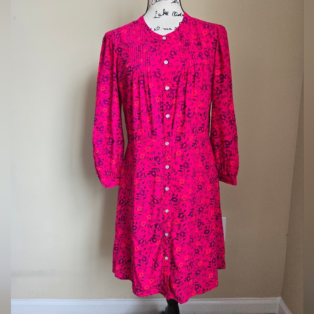 Gap Snap Button Shirt Dress Womens 10 Pink Floral Pintuck Long Sleeve